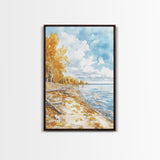 Autumn beach scene with golden trees and calm shoreline Framed Canvas Print, fall landscape art perfect autumn wall decor for rustic homes