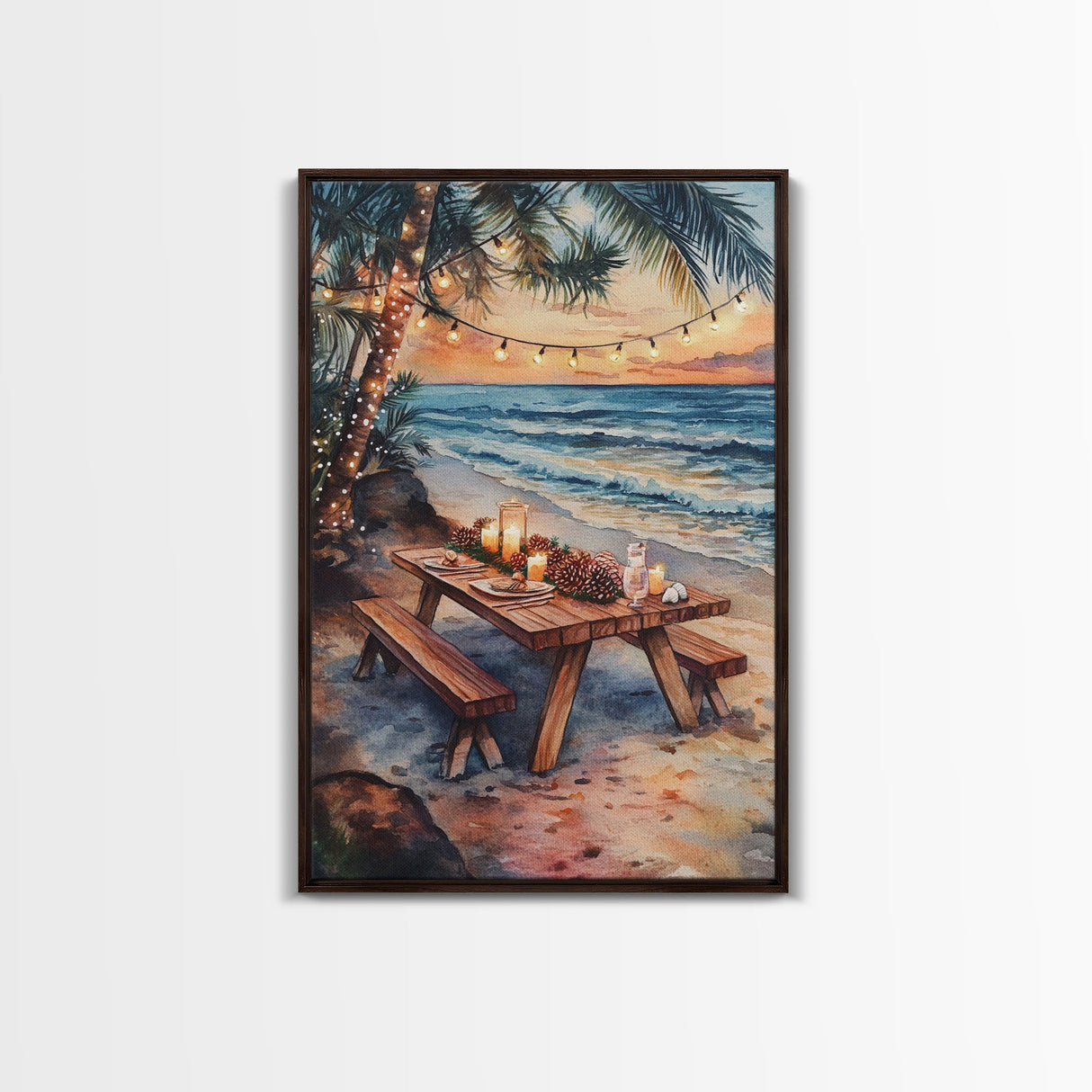 Sunset beach picnic with holiday lights and candles, coastal Christmas decor Framed Canvas Print, perfect tropical holiday art idea