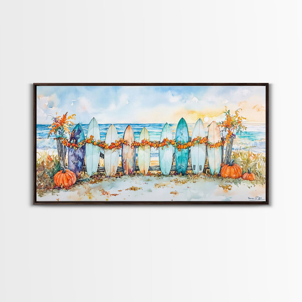 Framed Canvas Print Beach Scene with Surfboards and Pumpkins, Fall Beach Decor, Autumn Coastal Wall Art, Perfect Fall Beach Theme