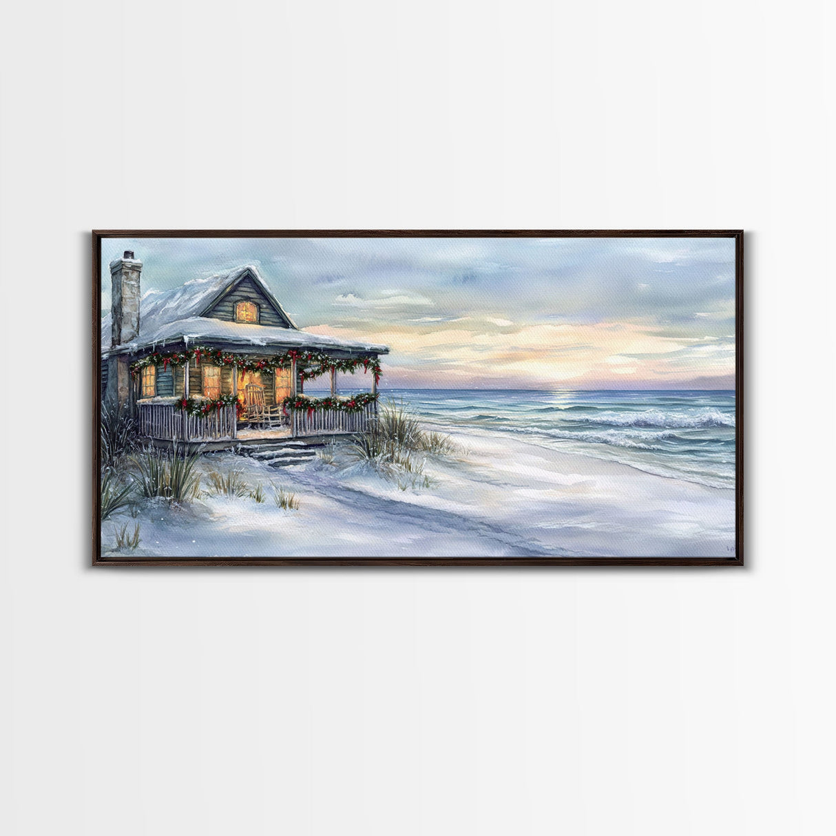 Beach Christmas decor Framed Canvas Print winter wonderland cabin Christmas vacation decor coastal Christmas wall art holiday gift idea