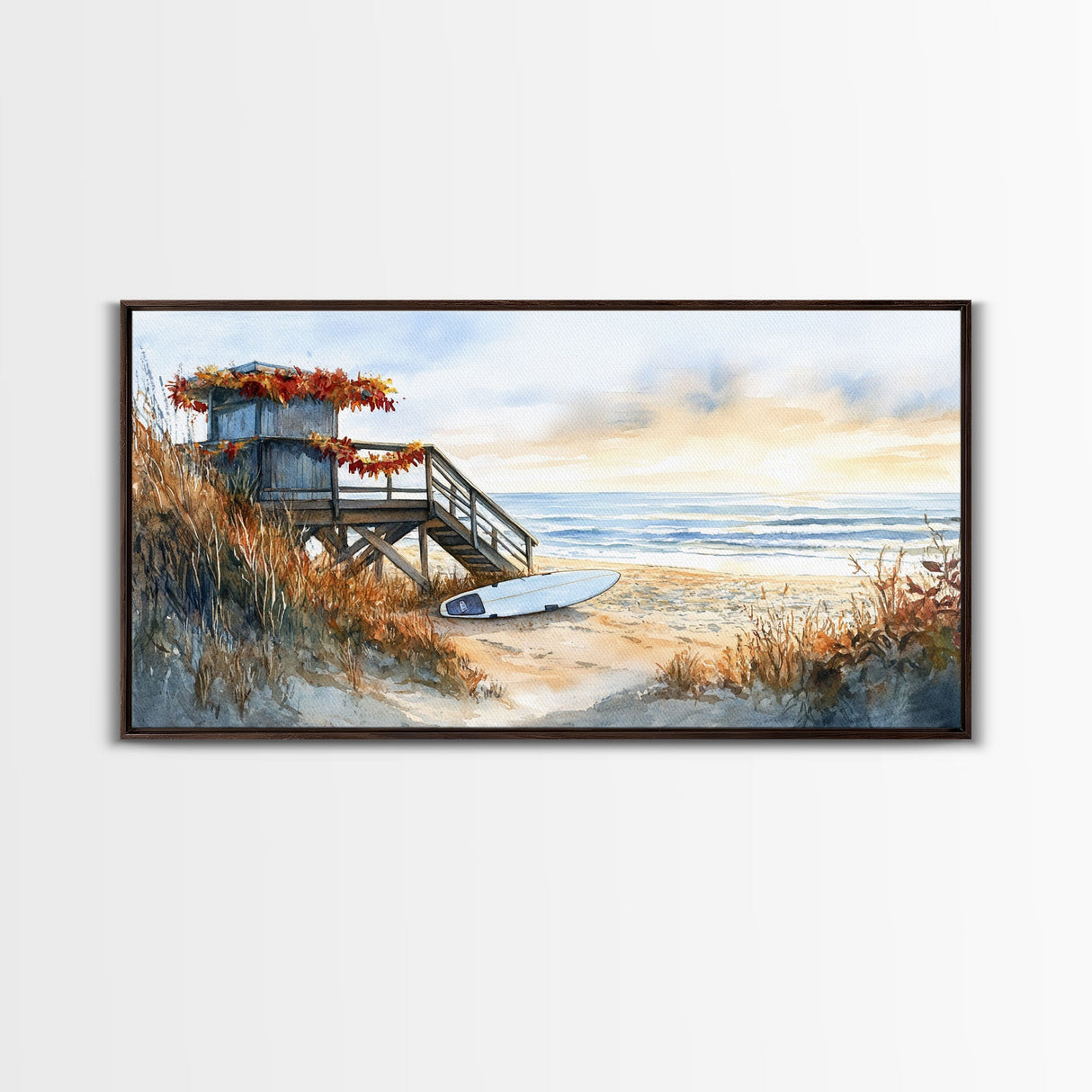 Christmas vacation decor Framed Canvas Print coastal beach cabin snowy winter landscape holiday decor gallery wall Christmas wall print