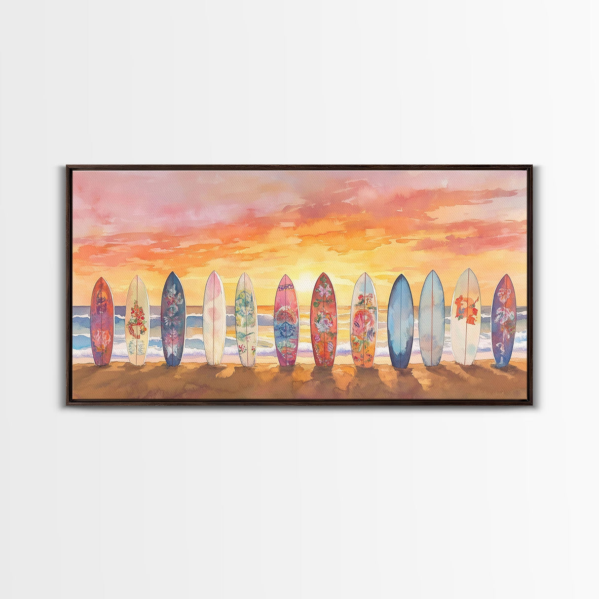 Vibrant Sunset Beach Art Surfboard Canvas Print Tropical Beach Wall Art Framed Canvas Print Fall Beach Scene Autumn Surfboard Decor