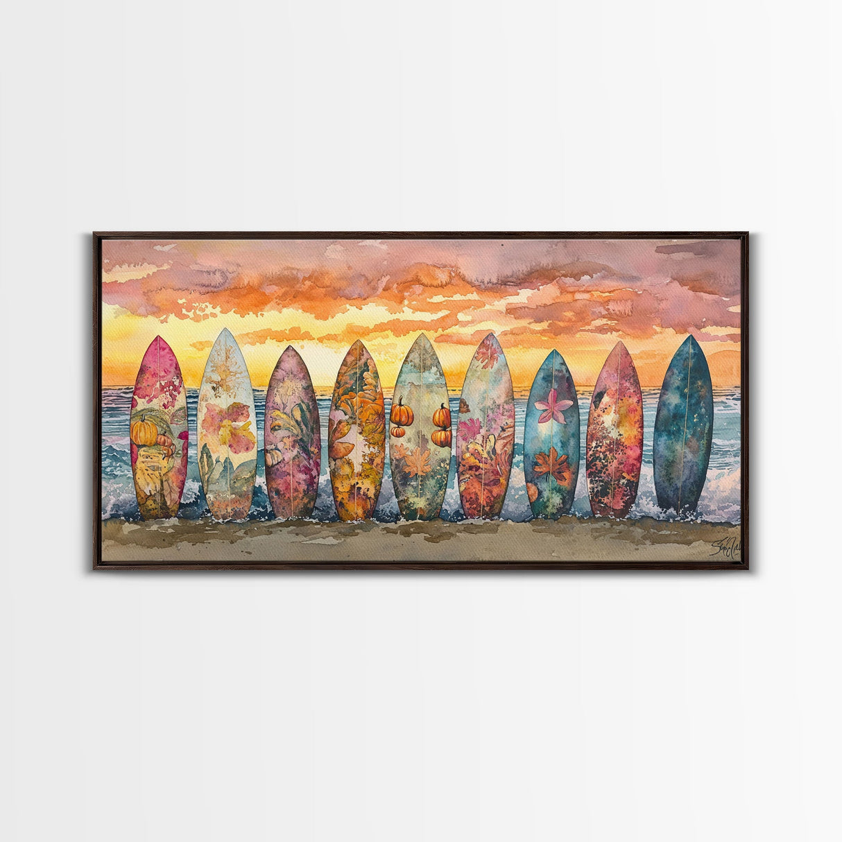 Fall Surfboards Beach Art Print Canvas Wall Art Autumn Surfboard Beach Scene Seasonal Wall Art Framed Canvas Print Fall Beach Decor