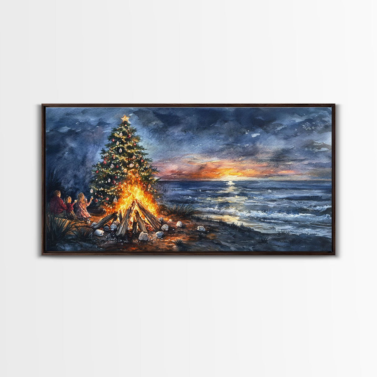 Beach Christmas decor with bonfire, sunset coastal holiday wall art, Christmas tree print, festive coastal art gift, framed canvas print