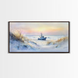 Seaside winter ship art, beach winter landscape, coastal holiday art, framed canvas print, nautical decor, Christmas wall art