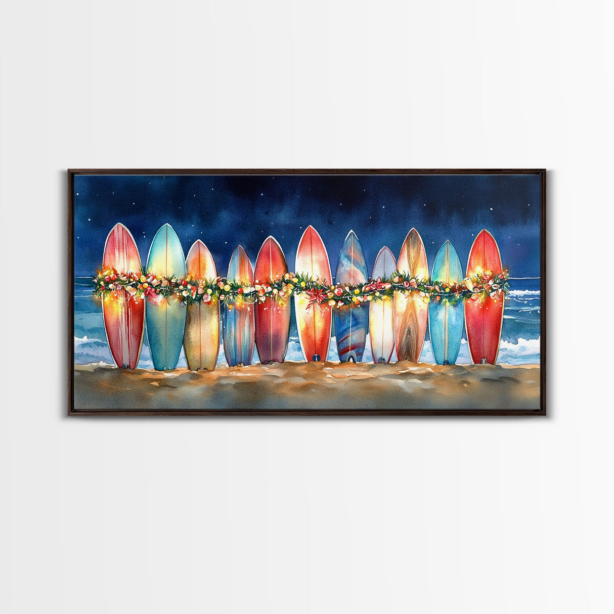 Surfboards with Christmas lights, tropical Christmas wall art, beach holiday decor, framed canvas print, coastal Christmas art, festive art