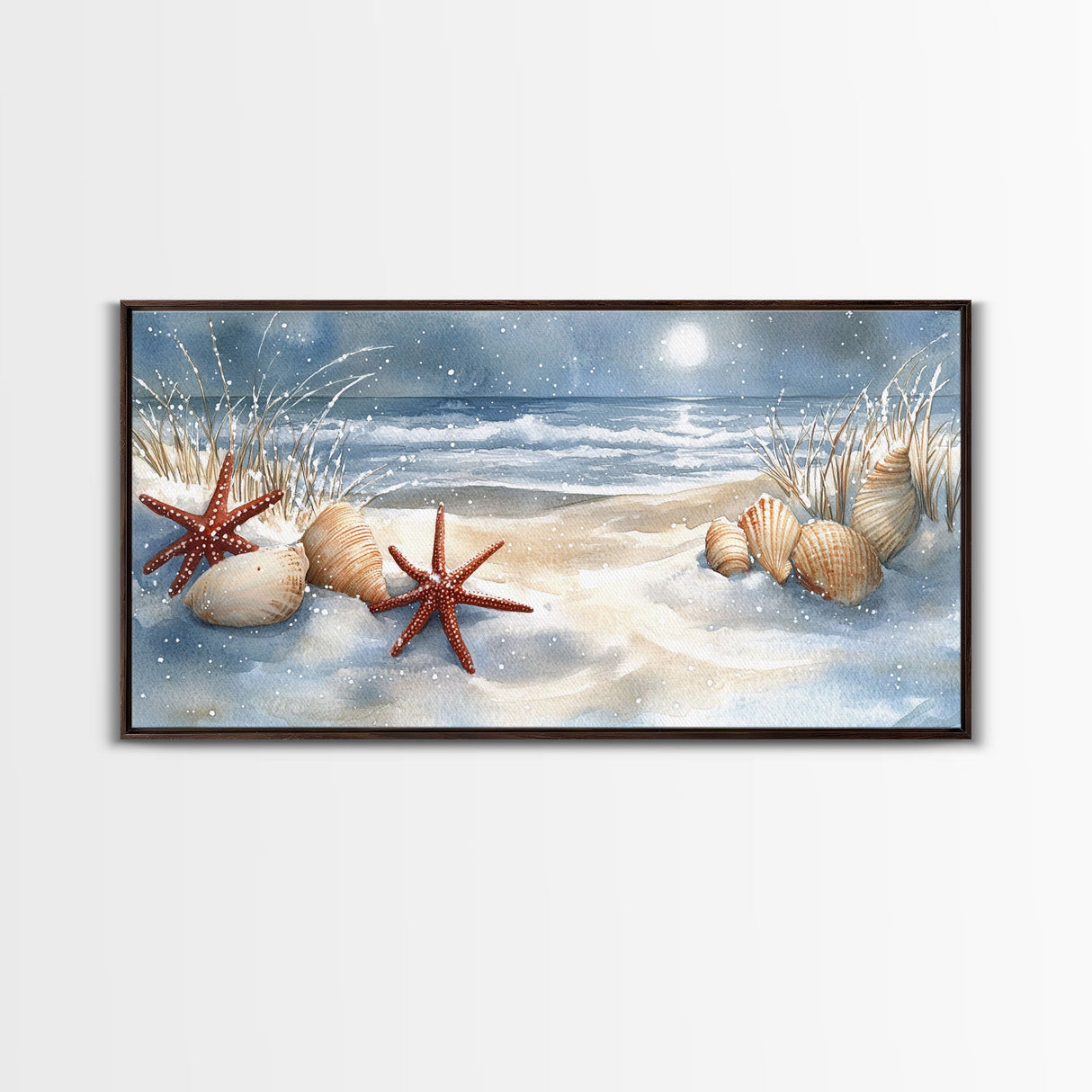 Snow-Covered Beach with Shells and Starfish, Framed Canvas Print, Coastal Holiday Decor, Nautical Christmas Art, Beach Christmas Art Gift