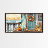 Coastal Surfboard and Pumpkins Fall Scene, Framed Canvas Print, Autumn Beach Decor, Fall Home Decor, Wall Art, Coastal Autumn Wall Print