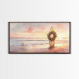 Tropical Beach Sunset Surfboard Wreath Canvas Print | Coastal Christmas Art Gift | Beach Christmas Decor | 2024 Christmas Home Wall Art