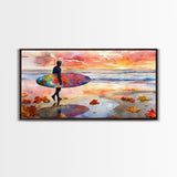 Autumn Surfing Sunset Canvas Print | Fall Surf Art Gift | Seasonal Wall Art Decor | Gift Idea | Beach Decor Fall Theme | Framed Canvas Print