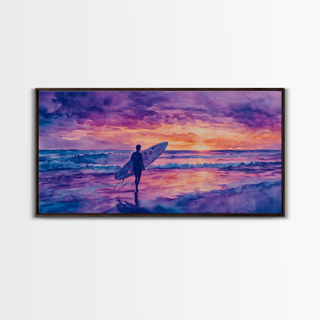 Surfing Beach Sunset Canvas Print | Purple Hues Coastal Decor | Framed Wall Art Christmas Beach Scene | 2024 Holiday Decor Christmas Gift