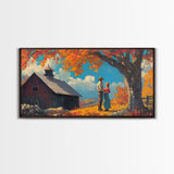 Our First House, Framed Canvas Print, Cowboy & Cowgirl In Love, Fall Landscape Western Art Wall Decor Seasonal Wall Art