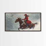 Rider In The Snow, Framed Canvas Print, Winter Wall Art, Rustic Western Decor, Primitive Home Decor, Rustic Farmhouse Art