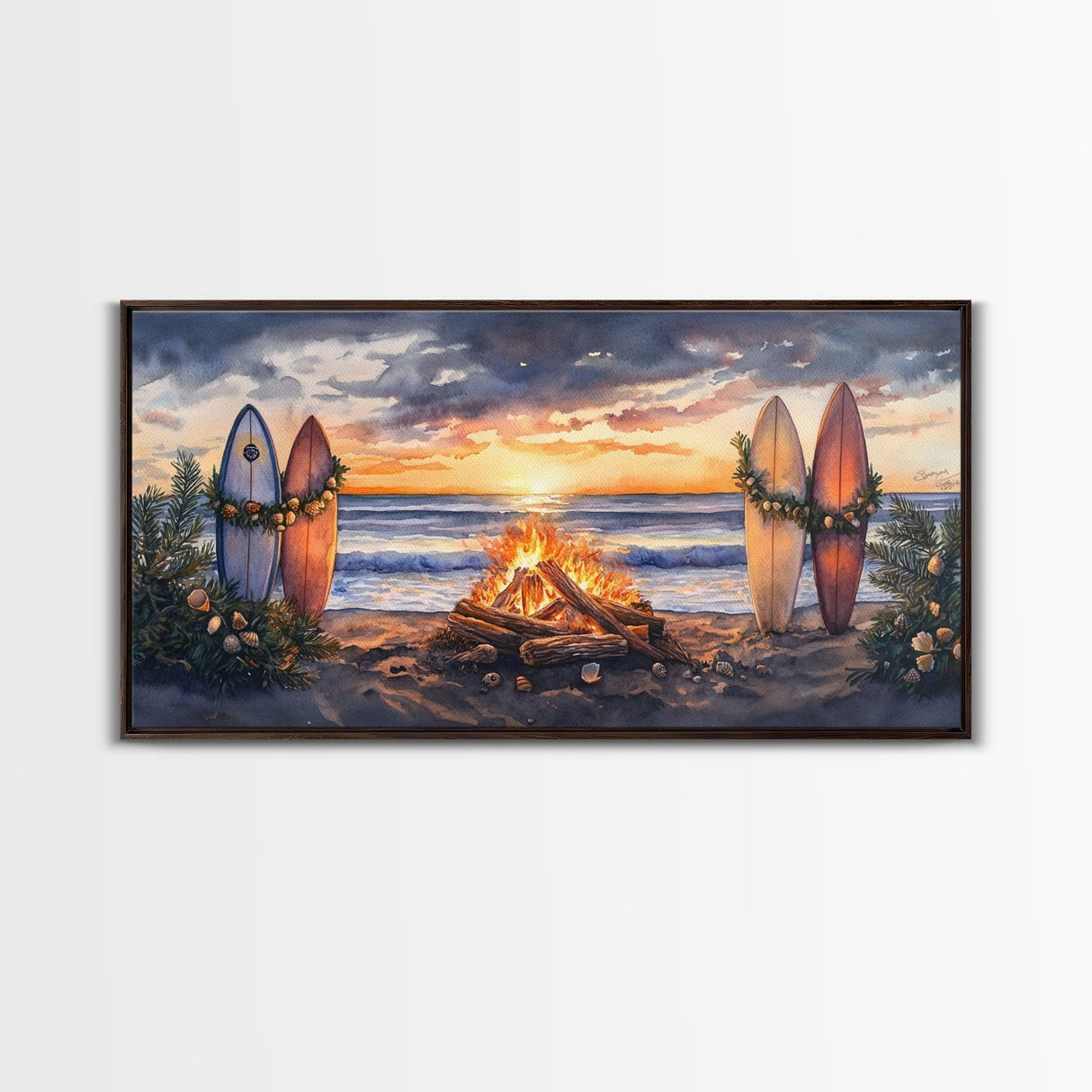 Surfboards With Christmas Garland By Bonfire At Sunset, Tropical Christmas Beach Wall Art, Coastal Holiday Framed Canvas Print