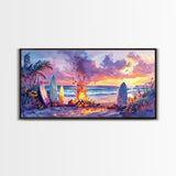 Surfboards And Bonfire At Sunset With Pumpkins, Tropical Beach Christmas Wall Art, Coastal Holiday Framed Canvas Print