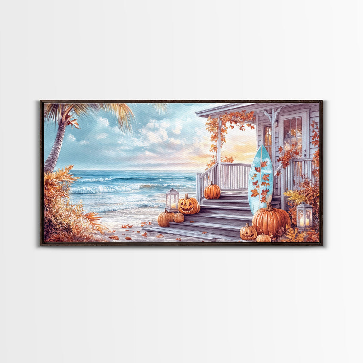 Fall Beachfront Porch With Pumpkins Autumn Decor Framed Canvas Print, Coastal Autumn Home Decor Wall Art Beach Vibes