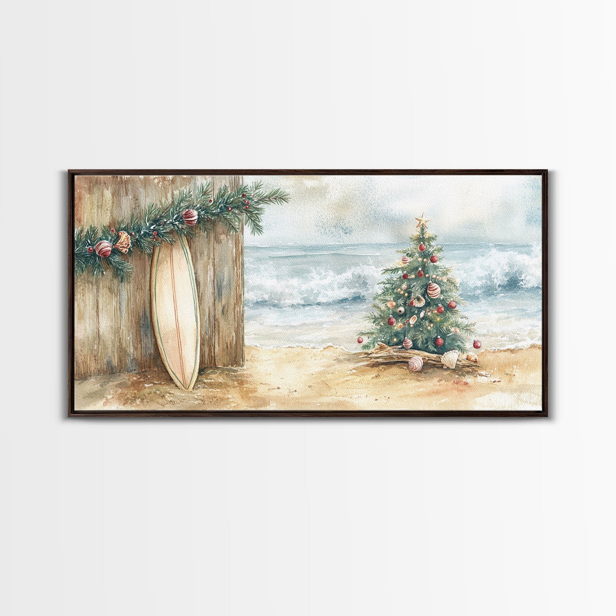 Christmas Tree On Sandy Beach With Surfboard Coastal Decor Framed Canvas Print, Beach Christmas Decor Wall Art