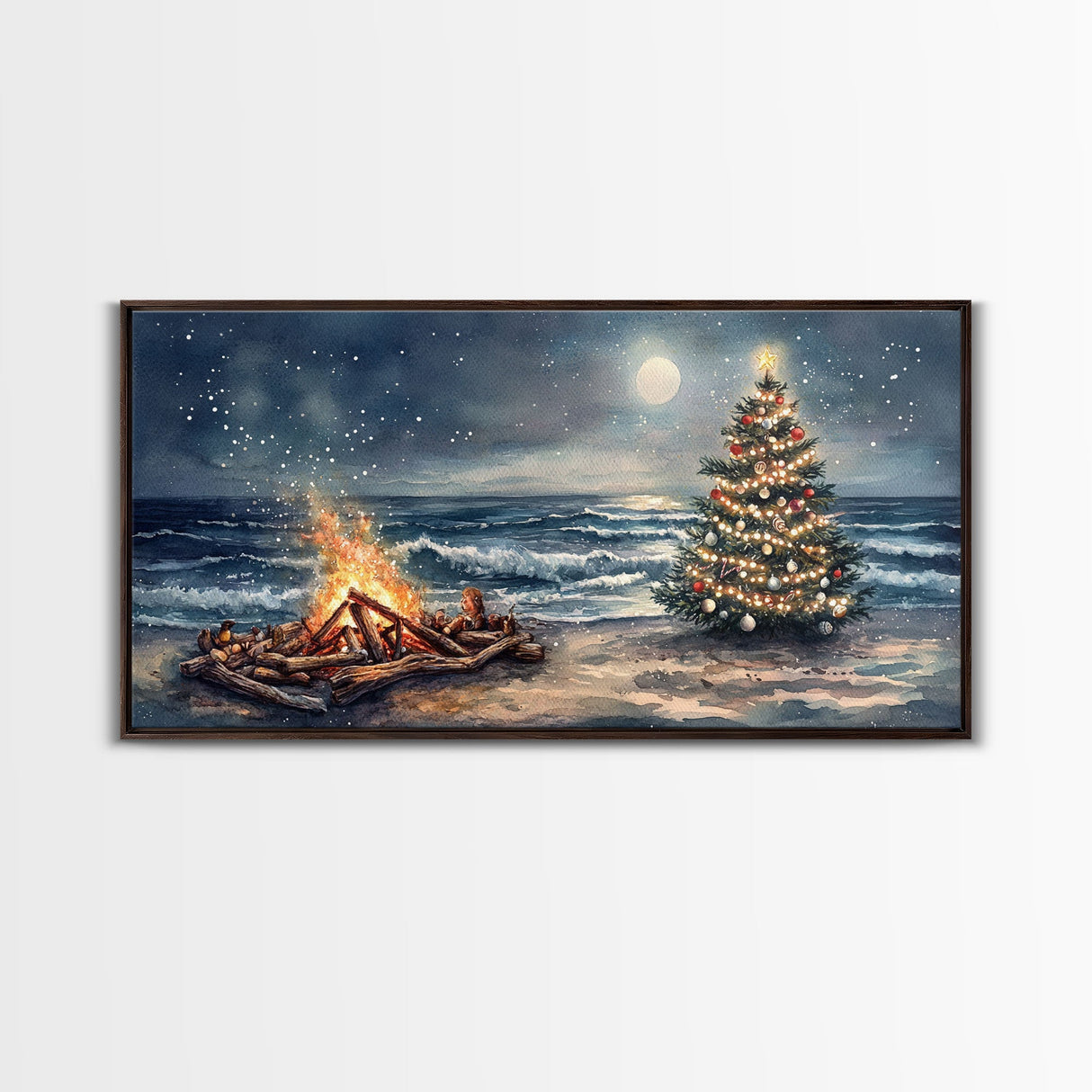 Cozy Bonfire On Beach With Christmas Tree Framed Canvas Print, Nighttime Winter Beach Holiday Wall Art And Coastal Decor