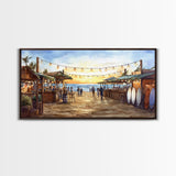 Beach Christmas Market Framed Canvas Print, Coastal Holiday Market Scene Wall Art, Christmas Decor Wall Art