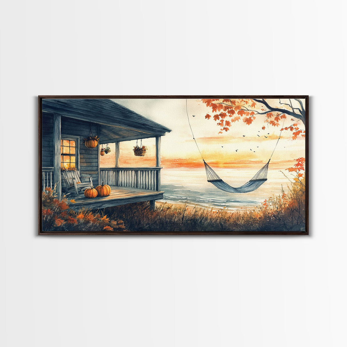 Cozy Autumn Porch with Pumpkins Framed Canvas Print, Warm Sunset Beach Scene Perfect Fall Seasonal Wall Art and Home Decor