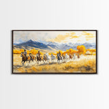 Western Cowboy Horse Drive Framed Canvas Print, Autumn Mountain Landscape with Riders and Horses in Golden Fall Light Wall Art