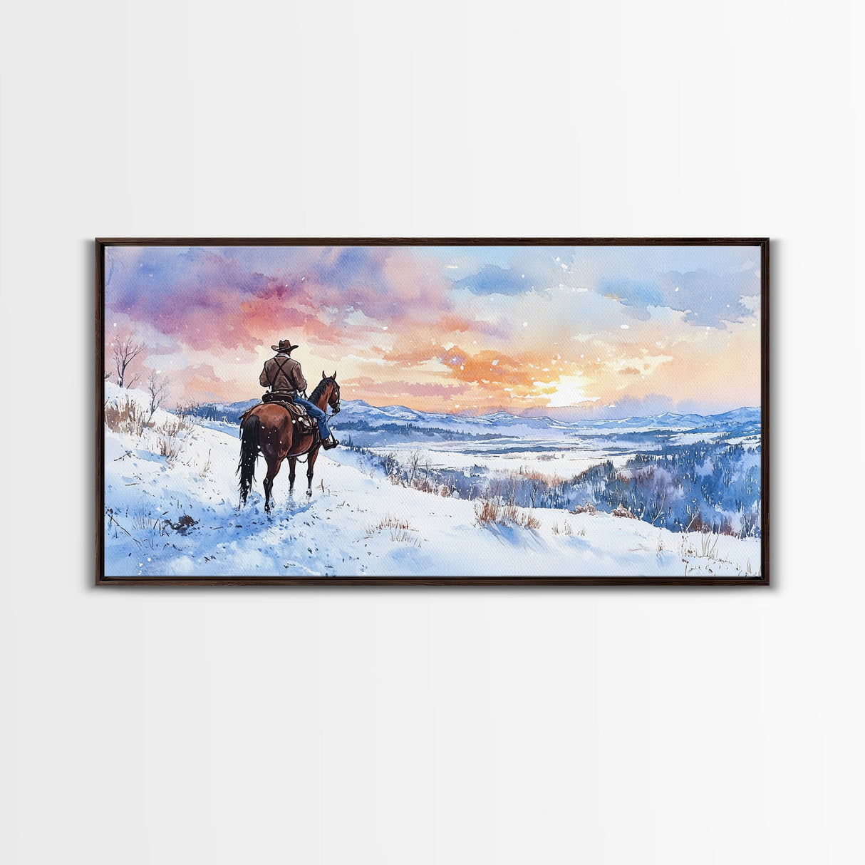 Lone Cowboy In Golden Prairie Framed Canvas Print Tall Art Rustic Autumn Landscape Western Country Decor Fall Home Wall Art Gift For Him