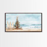 Beach Christmas scene with surfboards and decorated tree, tropical holiday art framed canvas print, perfect coastal seasonal decor