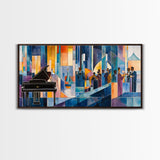 Abstract jazz party scene with grand piano, colorful stained glass aesthetic, framed canvas print ideal vibrant music wall art decor