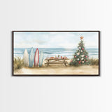 Surfboards and decorated tree on the beach, framed canvas print perfect coastal Christmas vacation decor holiday wall art