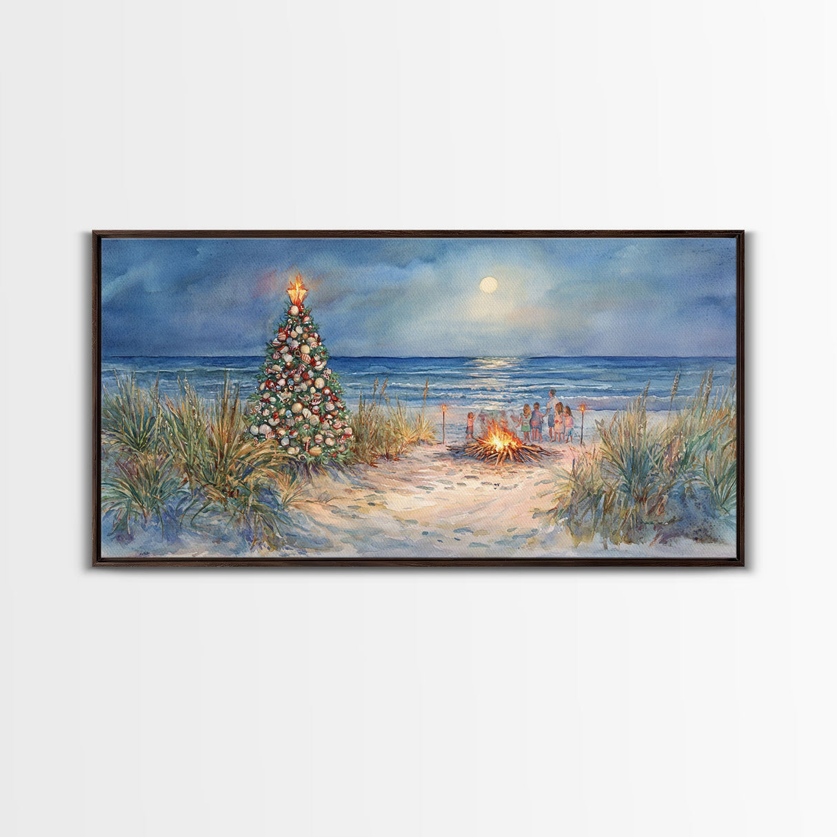 Beach Christmas family gathering by the ocean and bonfire, framed canvas print featuring tropical holiday decor wall art