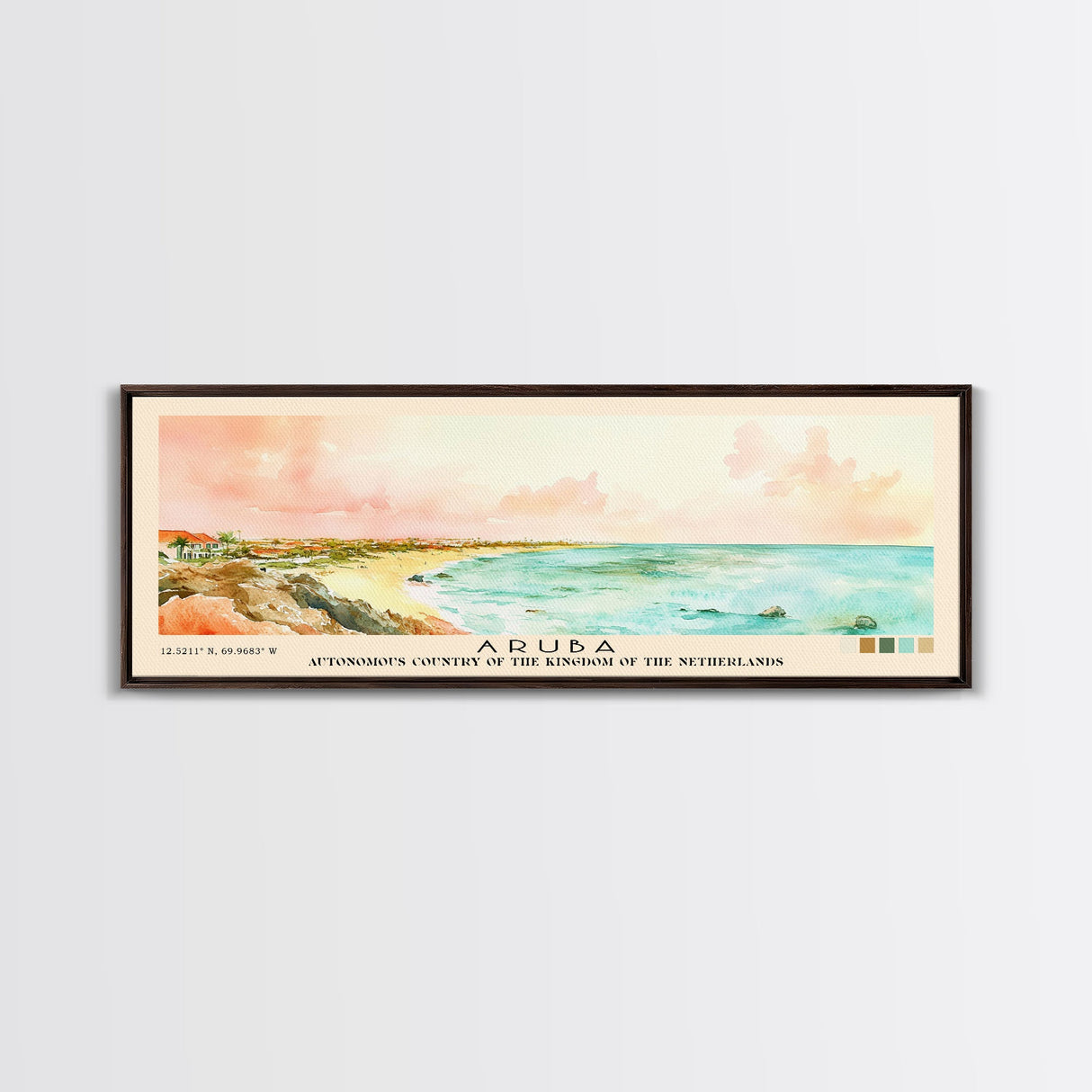 Aruba, autonomous country of the Kingdom of the Netherlands Watercolor Beach Print, Vacation Gift, autonomous country of the Kingdom of the Netherlands Wall Art, Framed Canvas Print, Framed Beach Painting