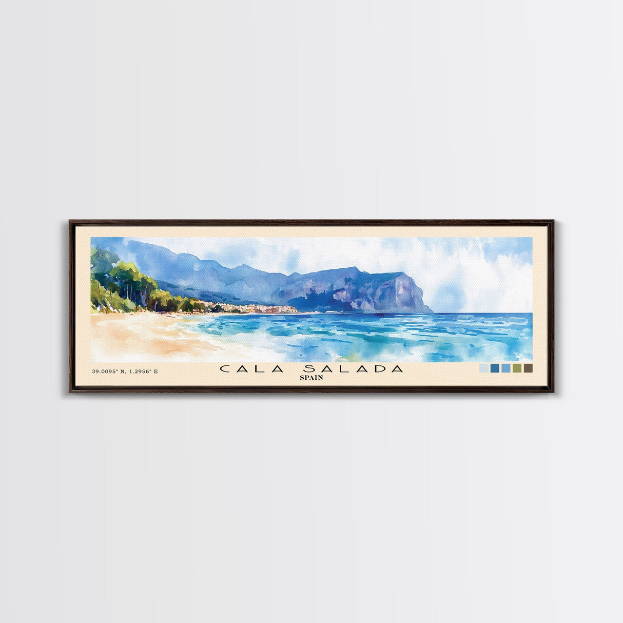 Cala Salada, Spain Watercolor Beach Print, Vacation Gift, Spain Wall Art, Framed Canvas Print, Framed Beach Painting