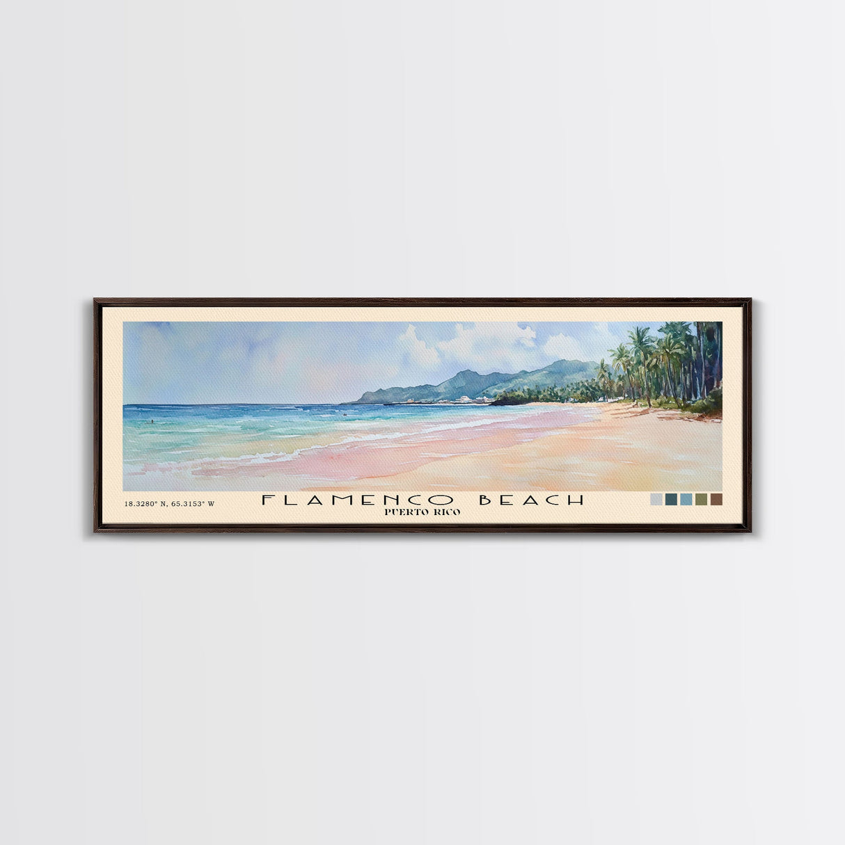 Flamenco Beach, Puerto Rico Watercolor Beach Print, Vacation Gift, Puerto Rico Wall Art, Framed Canvas Print, Framed Beach Painting