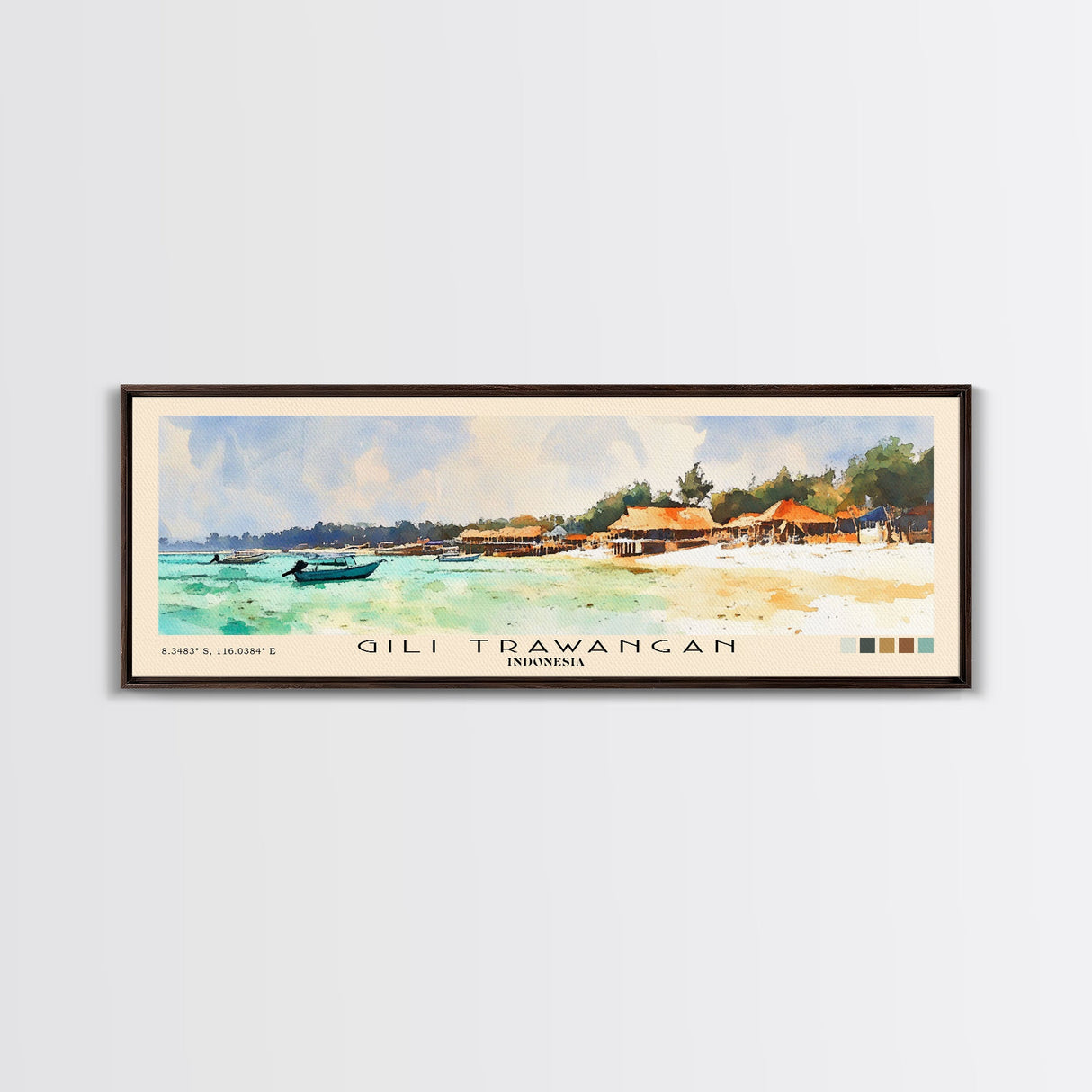 Gili Trawangan, Indonesia Watercolor Beach Print, Vacation Gift, Indonesia Wall Art, Framed Canvas Print, Framed Beach Painting