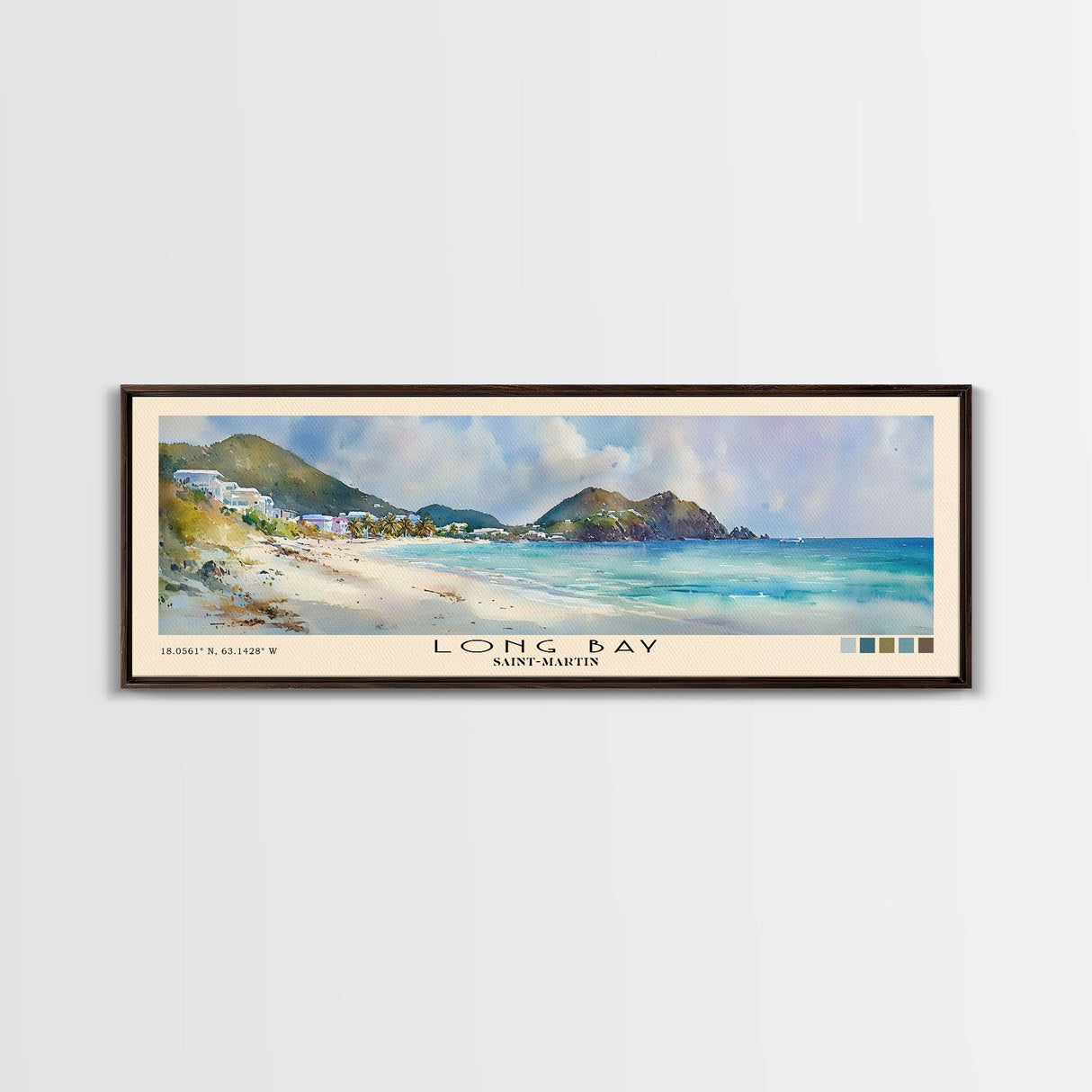 Long Bay, Saint-Martin Watercolor Print, Vacation Gift, Saint-Martin Wall Art, Beach Painting, Beach Decor, Large Wall Art, Wood Frame Art