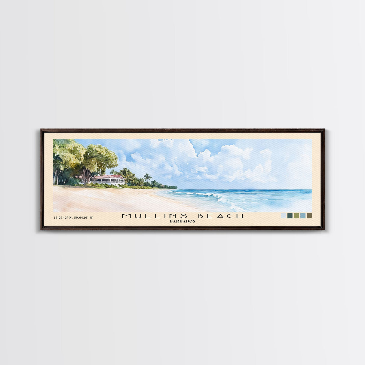 Mullins Beach, Barbados Watercolor Beach Print, Vacation Gift, Barbados Wall Art, Framed Canvas Print, Framed Beach Painting