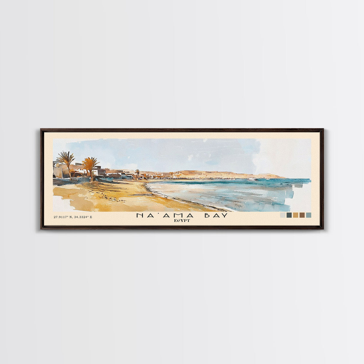 Na’ama Bay, Egypt Watercolor Beach Print, Vacation Gift, Egypt Wall Art, Framed Canvas Print, Framed Beach Painting