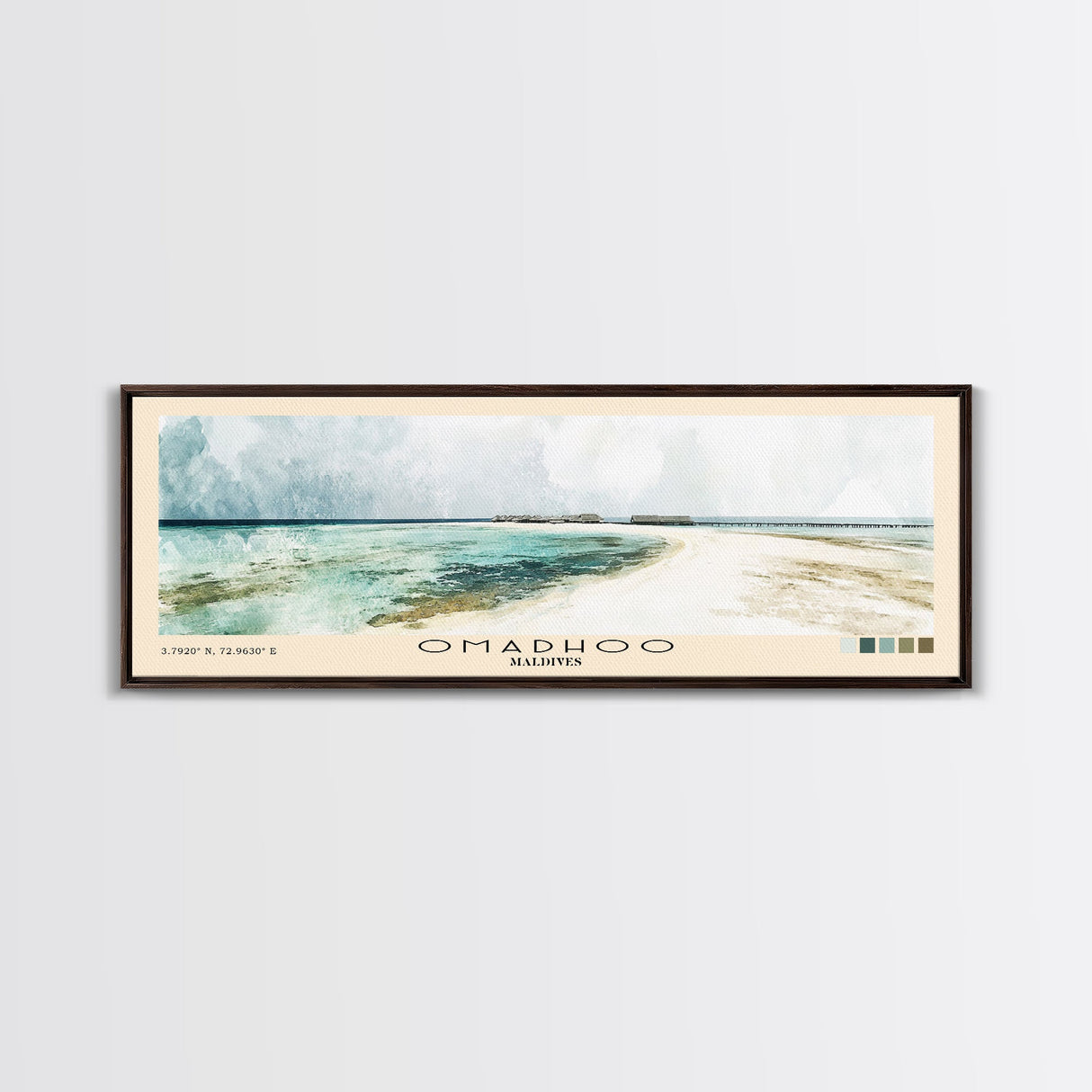 Omadhoo, Maldives Watercolor Print, Vacation Gift, Maldives Wall Art, Beach Painting, Beach Decor, Large Wall Art, Wood Frame Art