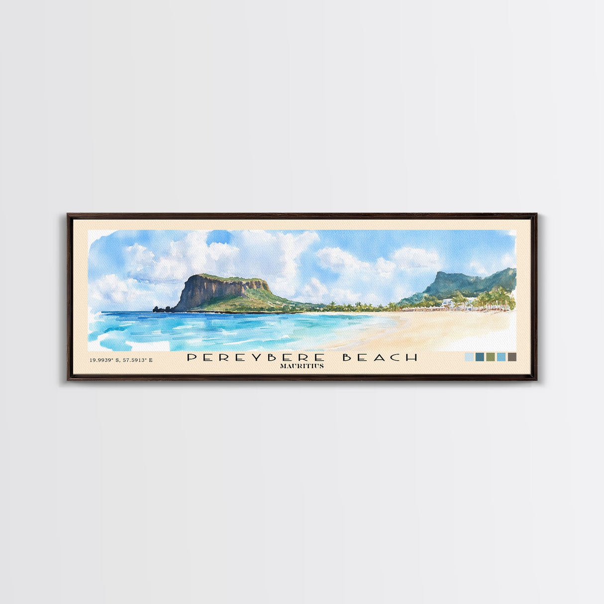 Pereybere Beach, Mauritius Watercolor Beach Print, Vacation Gift, Mauritius Wall Art, Framed Canvas Print, Framed Beach Painting