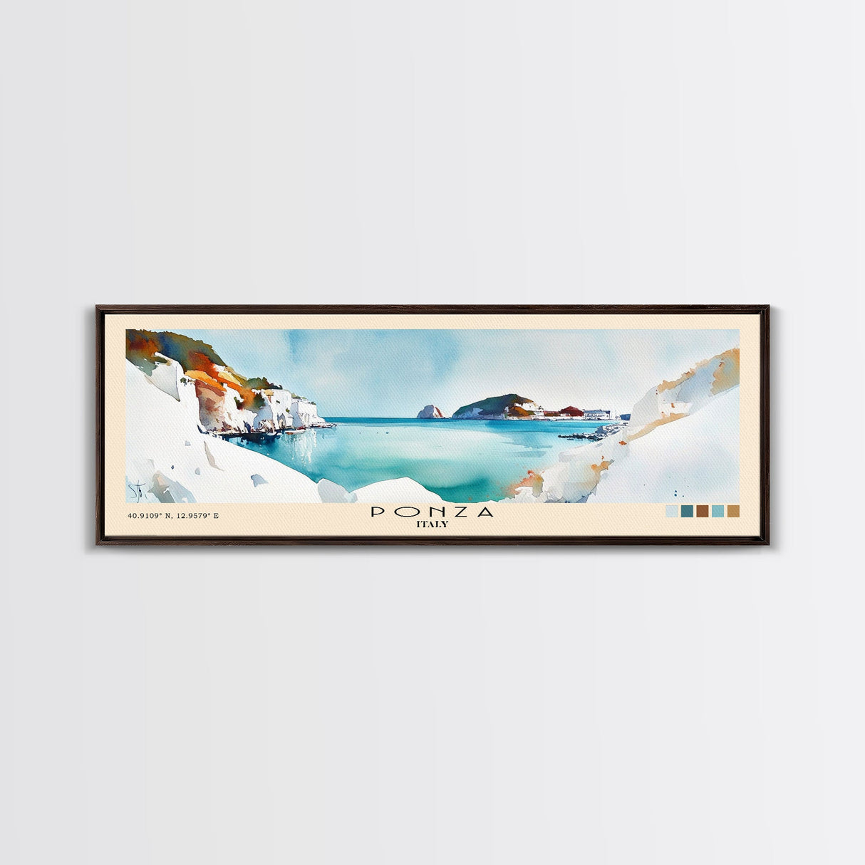 Ponza, Italy Watercolor Beach Print, Vacation Gift, Italy Wall Art, Framed Canvas Print, Framed Beach Painting