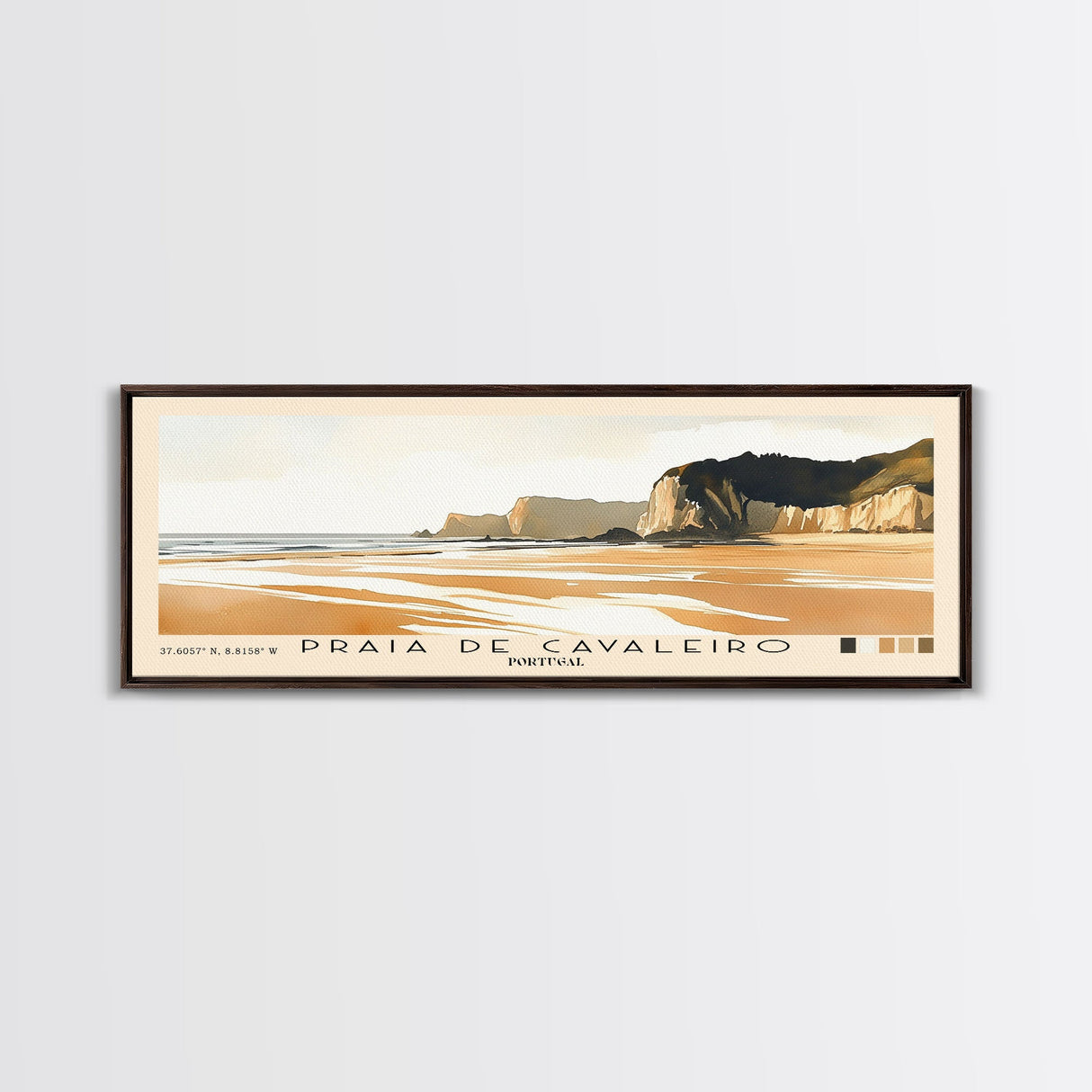 Praia de Cavaleiro, Portugal Watercolor Beach Print, Vacation Gift, Portugal Wall Art, Framed Canvas Print, Framed Beach Painting