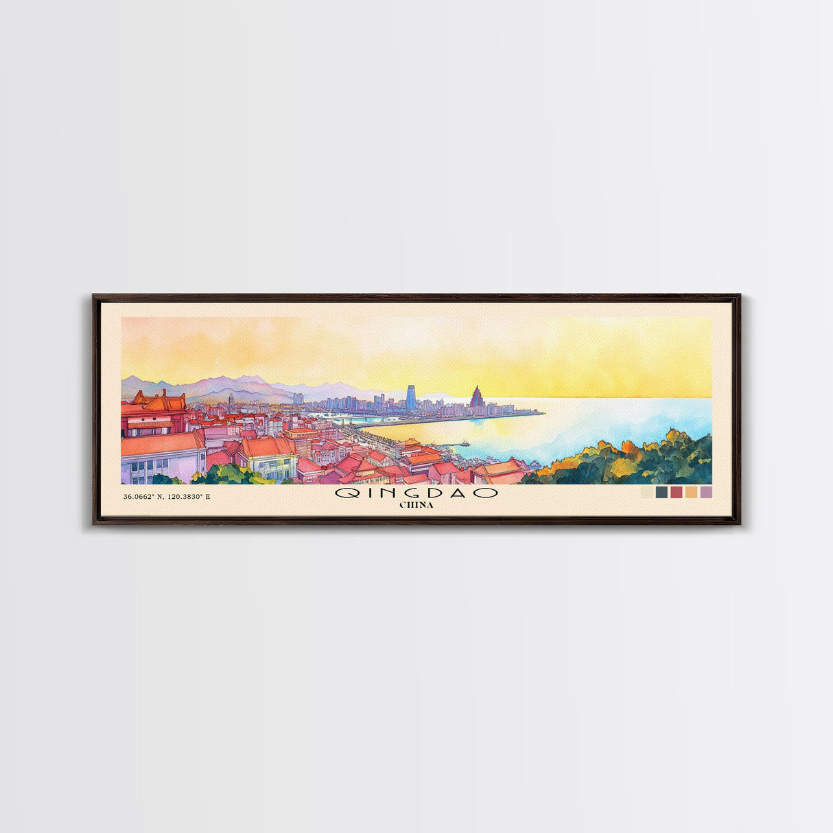 Qingdao, China Watercolor Beach Print, Vacation Gift, China Wall Art, Framed Canvas Print, Framed Beach Painting