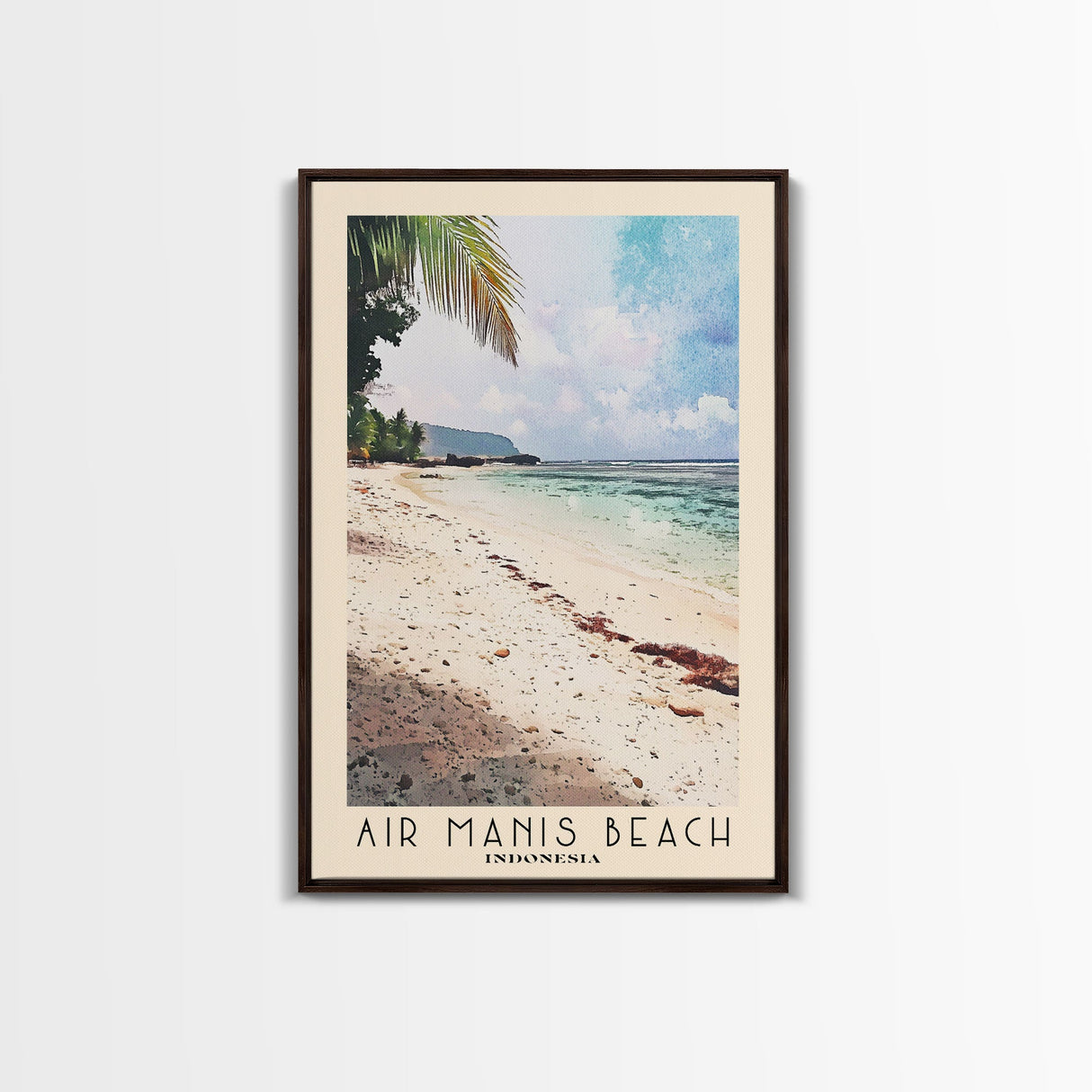 Air Manis Beach, Indonesia Watercolor Beach Print, Vacation Gift, Indonesia Wall Art, Framed Canvas Print, Framed Beach Painting