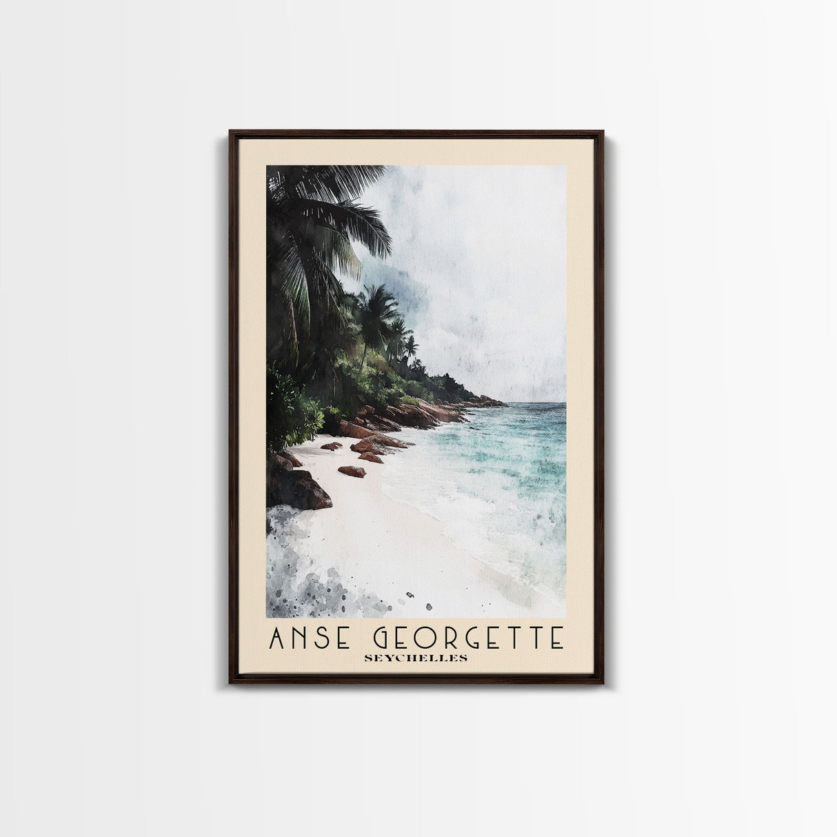 Anse Georgette, Seychelles Watercolor Beach Print, Vacation Gift, Seychelles Wall Art, Framed Canvas Print, Framed Beach Painting