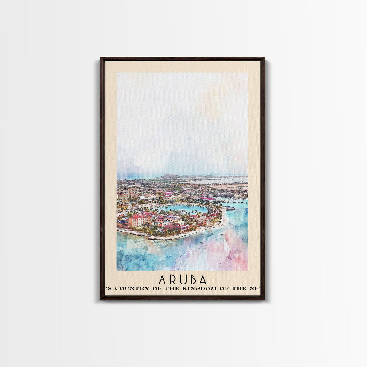 Aruba, autonomous country of the Kingdom of the Netherlands Watercolor Beach Print, Vacation Gift, autonomous country of the Kingdom of the Netherlands Wall Art, Framed Canvas Print, Framed Beach Painting