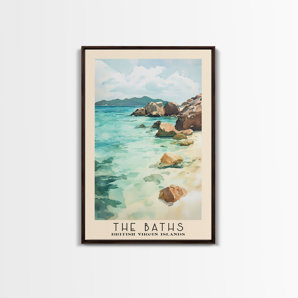 The Baths, British Virgin Islands Watercolor Beach Print, Vacation Gift, British Virgin Islands Wall Art, Framed Canvas Print, Framed Beach Painting