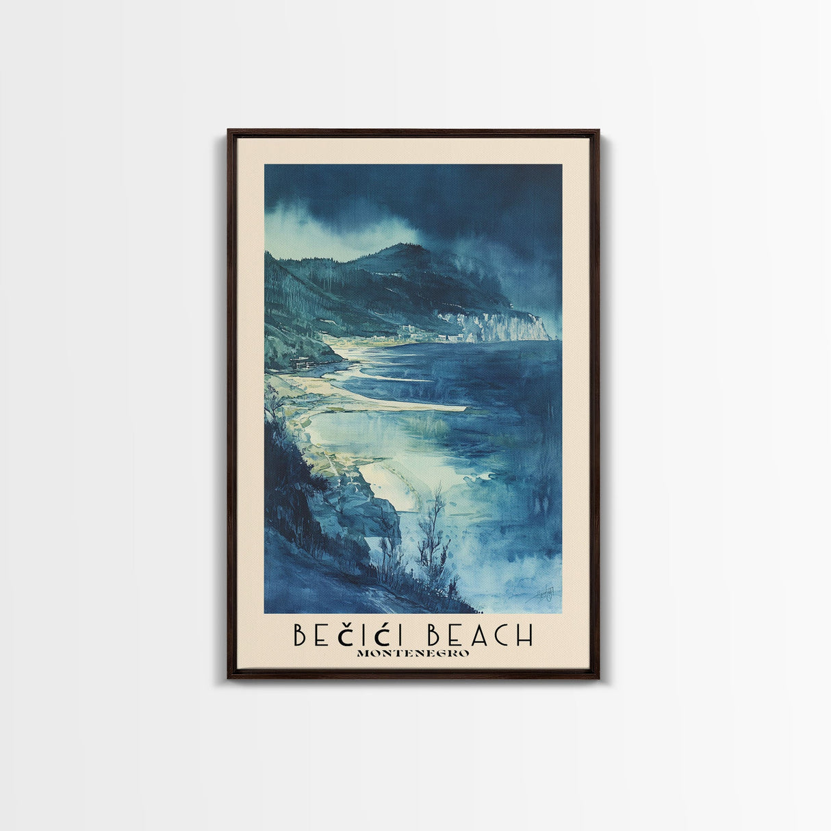 Bečići Beach, Montenegro Watercolor Print, Vacation Gift, Montenegro Wall Art, Beach Painting, Beach Decor, Large Wall Art, Wood Frame Art