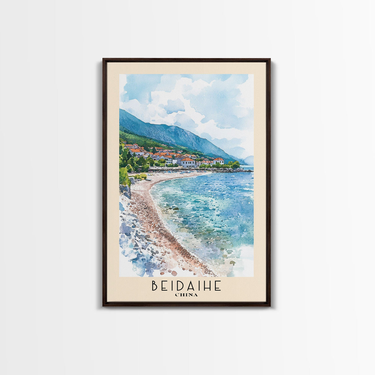 Beidaihe, China Watercolor Beach Print, Vacation Gift, China Wall Art, Framed Canvas Print, Framed Beach Painting