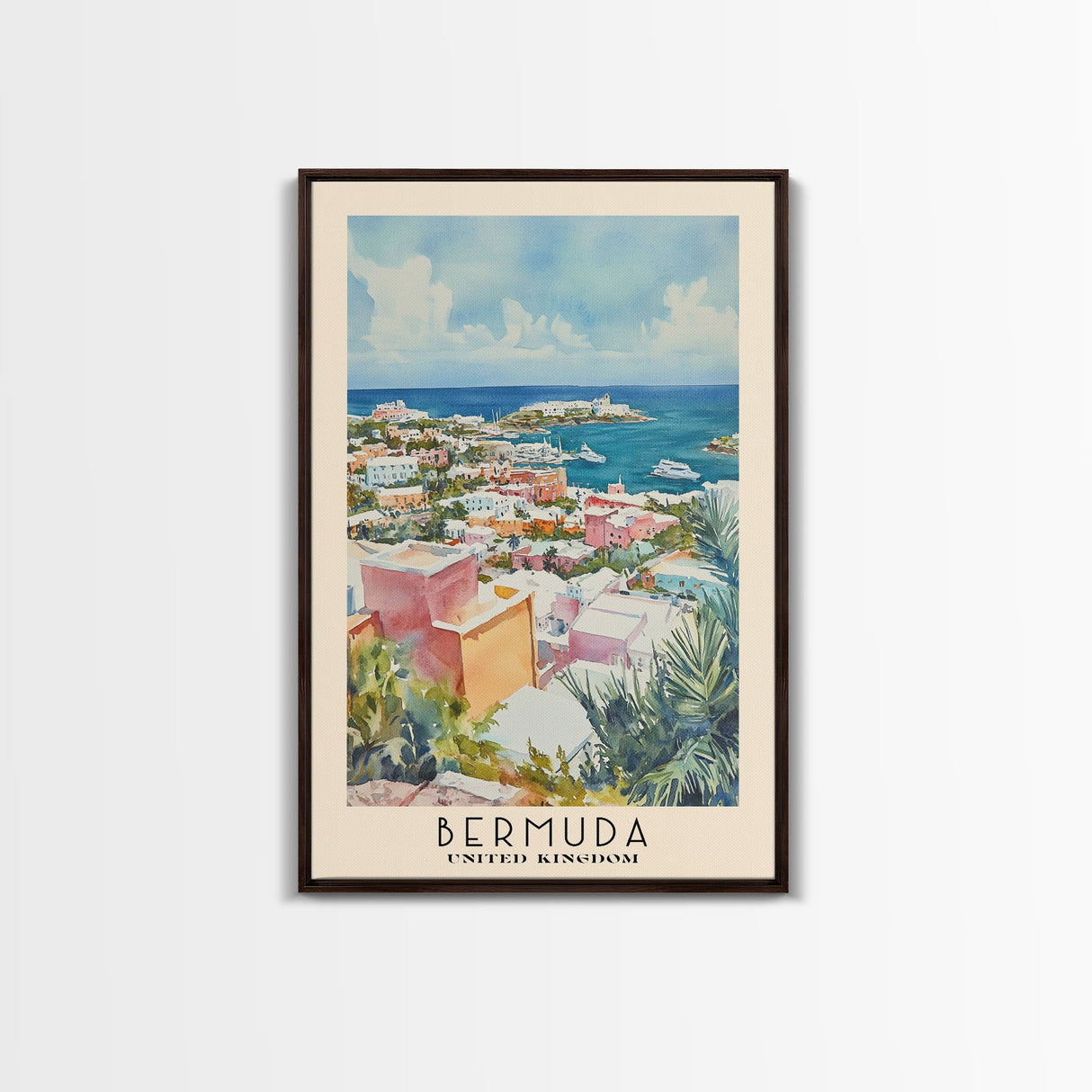 Bermuda, United Kingdom Watercolor Beach Print, Vacation Gift, United Kingdom Wall Art, Framed Canvas Print, Framed Beach Painting