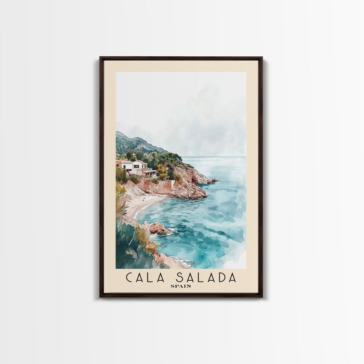 Cala Salada, Spain Watercolor Beach Print, Vacation Gift, Spain Wall Art, Framed Canvas Print, Framed Beach Painting